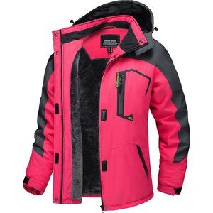 Women's Rose Gray Windbreaker Waterproof Ski Snow Fleece Hood Jacket Coat Winter